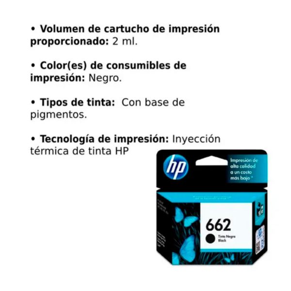CARTUCHO HP NEGRO  662 HP Deskjet Ink Advantage 2515 3515 120 PAG - Imagen 3