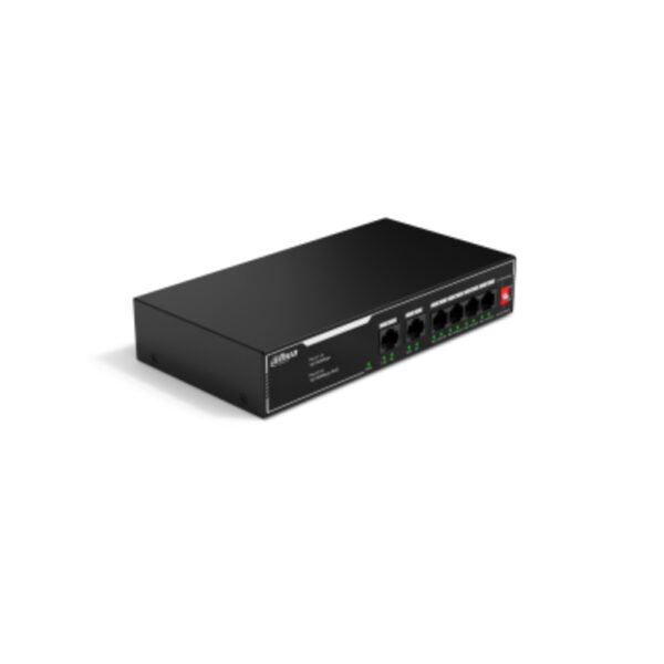 Switch Dahua PoE 6 puertos 10/100, NO ADMINISTRABLE / 4 puertos PoE, Admite los estándares 802.3af y 802.3at, Admite transmisión PoE de larga distancia de 250 m, Función de PoE watchdog