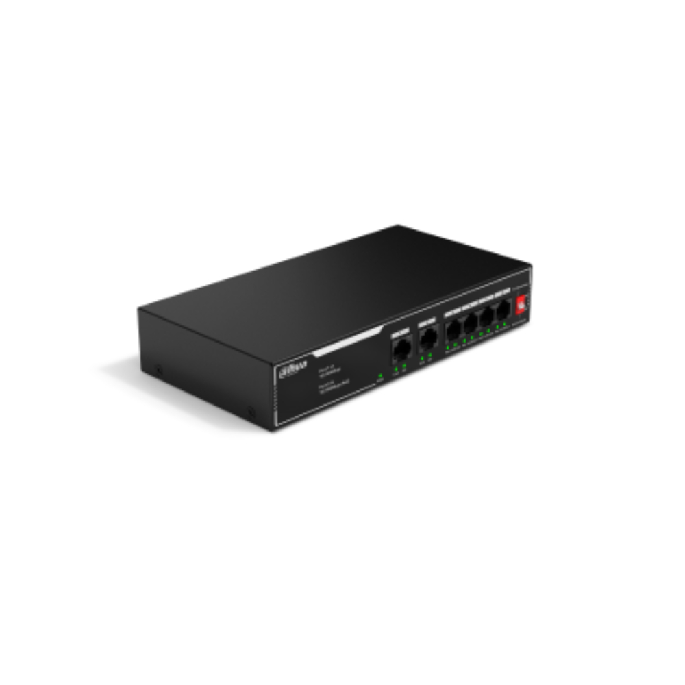 Switch Dahua PoE 6 puertos 10/100, NO ADMINISTRABLE / 4 puertos PoE, Admite los estándares 802.3af y 802.3at, Admite transmisión PoE de larga distancia de 250 m, Función de PoE watchdog