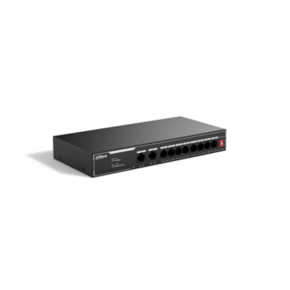 Switch Dahua PoE 10 puertos 10/100, NO ADMINISTRABLE / 8 puertos PoE, Admite los estándares 802.3af y 802.3at, Admite transmisión PoE de larga distancia de 250 m, Función de PoE watchdog.