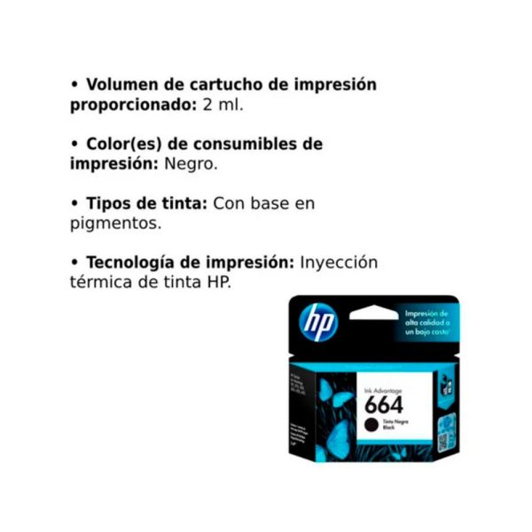 CARTUCHO HP NEGRO 664 HP DESKJET INK ADVANTAGE 1115,2135,3635,3835,4675 120pag - Imagen 3