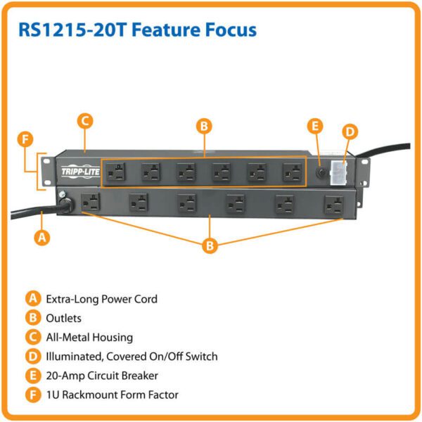 RS-1215-20T Barra de contactos Eaton Tripp Lite para instalación en rack 1U, 120V, 20A, L5-20P, 12 tomacorrientes (6 adelante, 6 atrás), cable de 4.57 m [15 pies] - Imagen 3